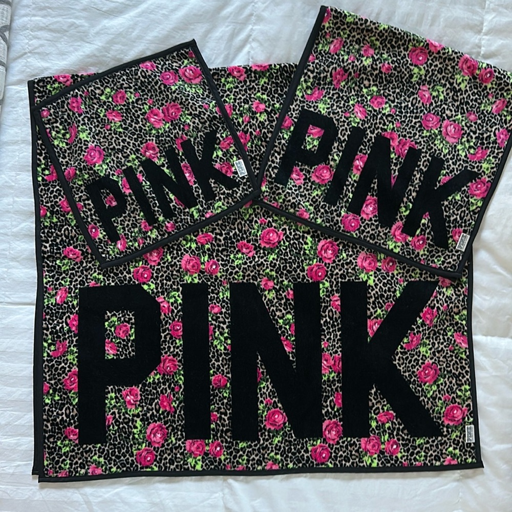 Victoria's Secret PINK Leopard print with pink roses bath towel set.